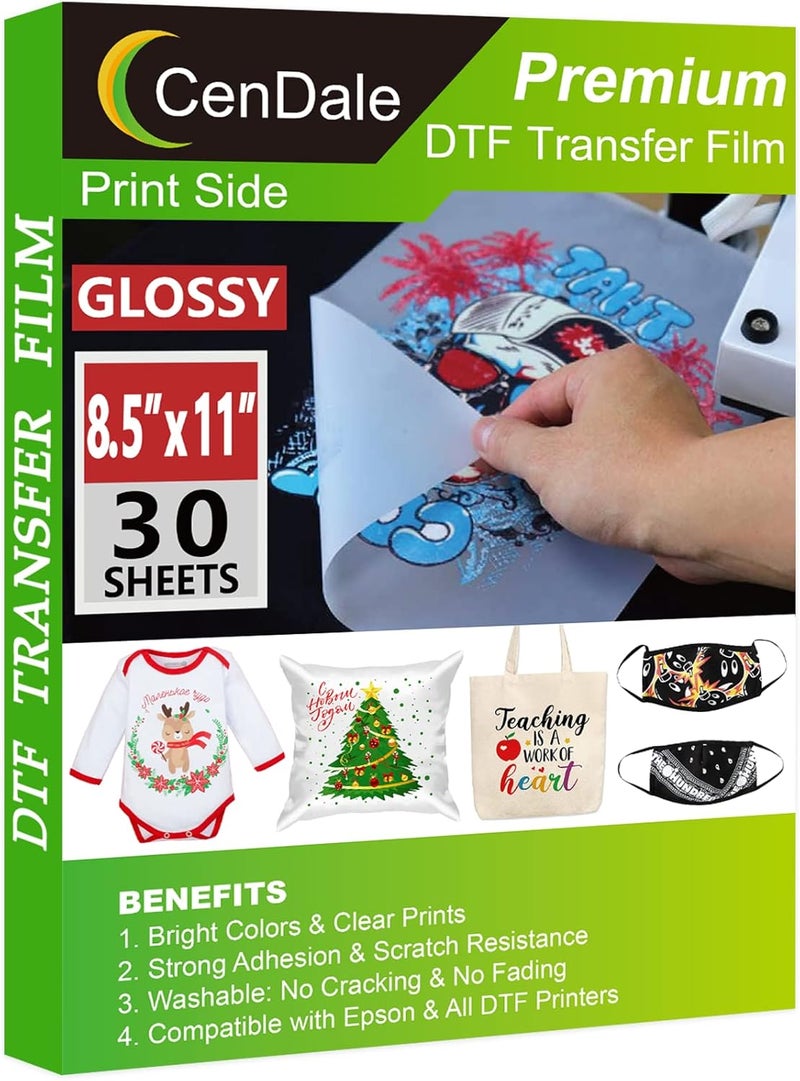CenDale 𝐏𝐫𝐞𝐦𝐢𝐮𝐦 DTF Transfer Film 8.5"x11" - 30 Sheets Single-Sided 𝐆𝐥𝐨𝐬𝐬𝐲 Clear PreTreat Sheets PET Heat Transfer Paper for DIY Direct Print on All Fabric and Colors T-Shirts Textile - Image 1